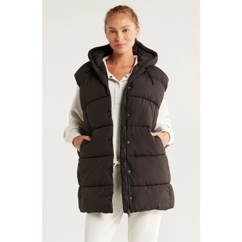 Zella NWT Longline Hooded Puffer Vest Zip Up with Snap Drawstring Black Med New